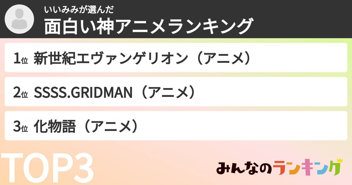 いいみみさんの「面白い神アニメランキング」