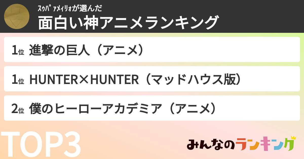 スゥパァメィリォさんの「面白い神アニメランキング」