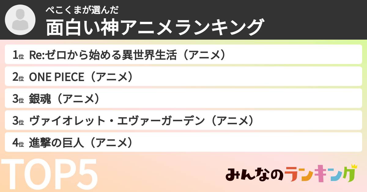 ぺこくまさんの「面白い神アニメランキング」