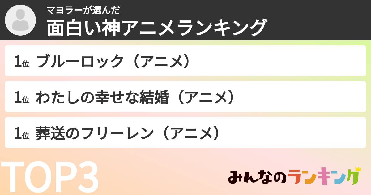 マヨラーさんの「面白い神アニメランキング」