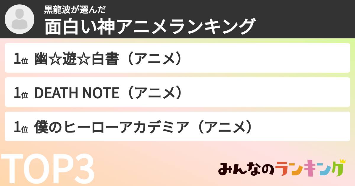 黒龍波さんの「面白い神アニメランキング」