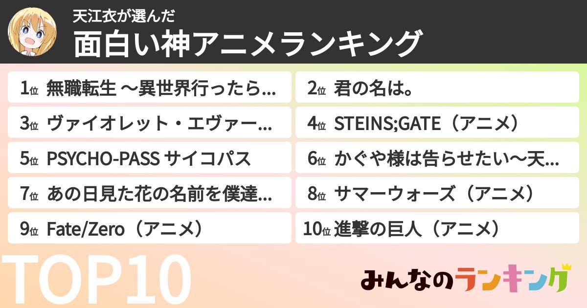 天江衣さんの「面白い神アニメランキング」