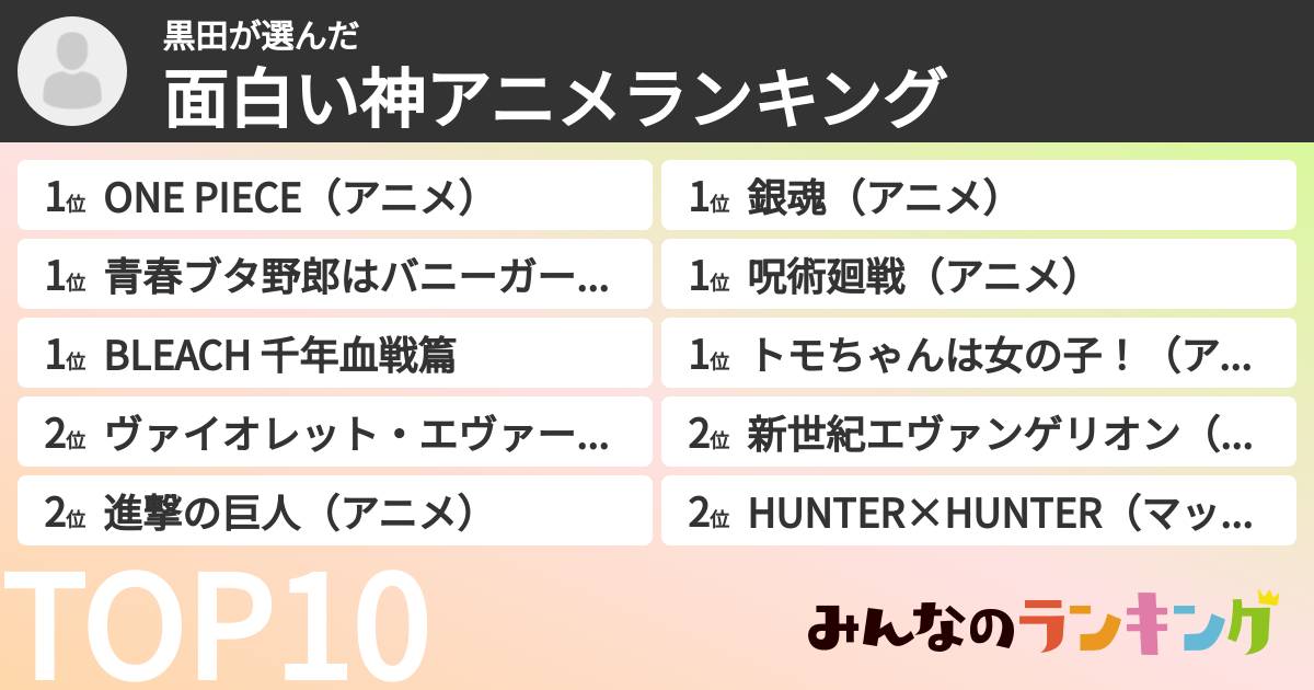 黒田さんの「面白い神アニメランキング」
