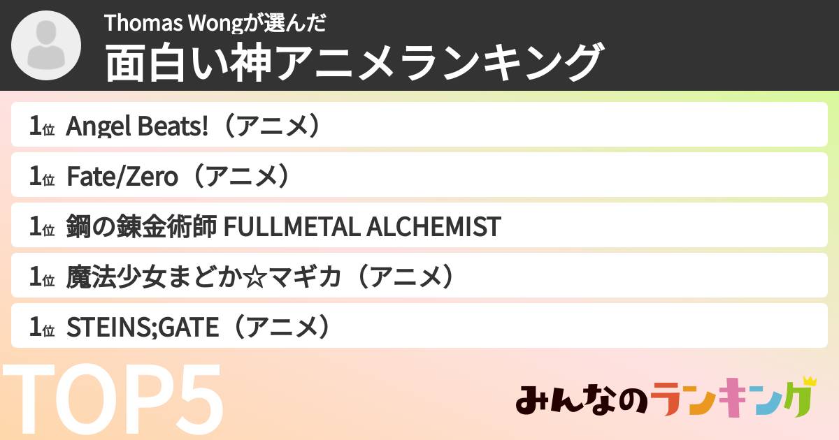 Thomas Wongさんの「面白い神アニメランキング」