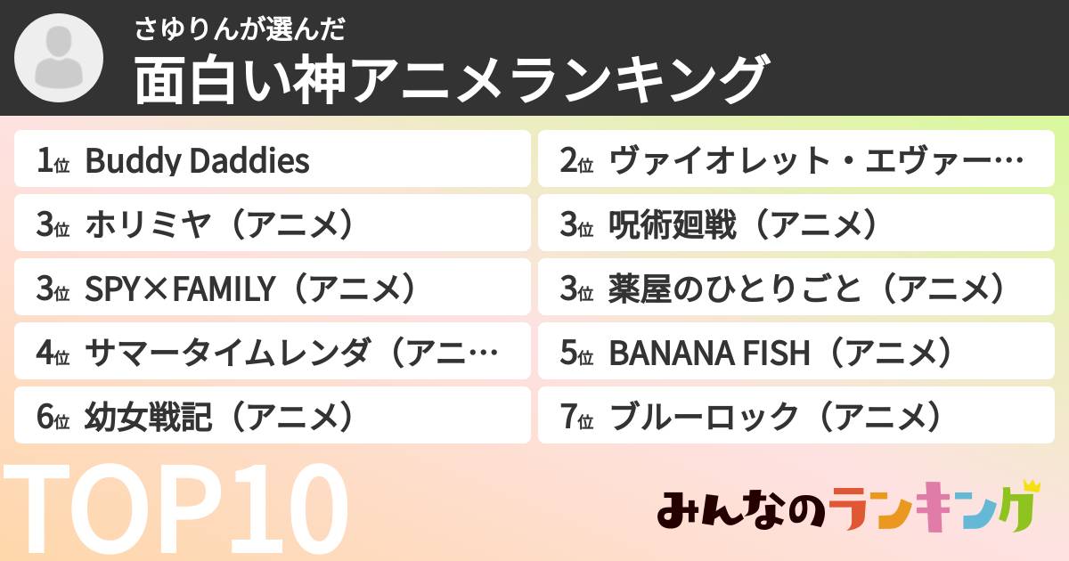 さゆりんさんの「面白い神アニメランキング」