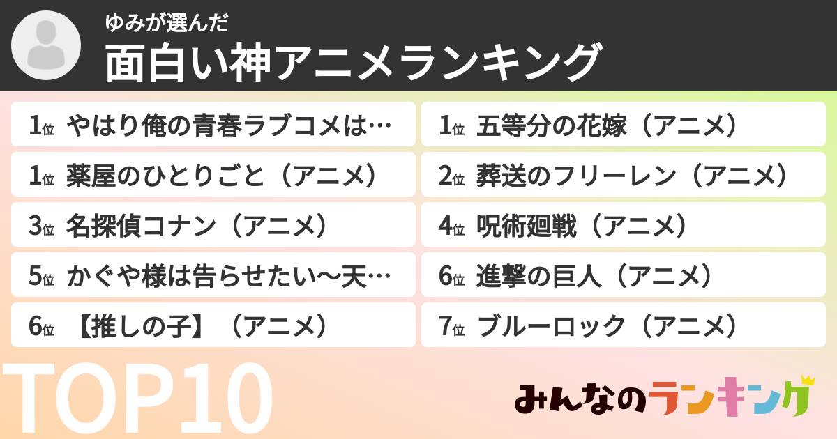 ゆみさんの「面白い神アニメランキング」