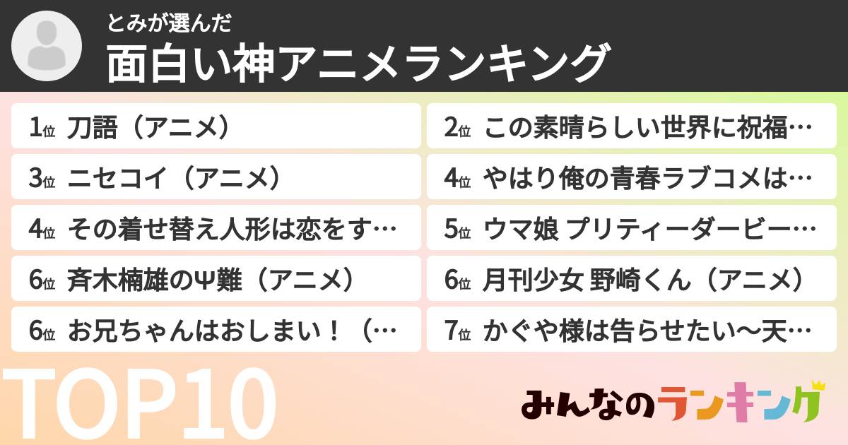 とみさんの「面白い神アニメランキング」