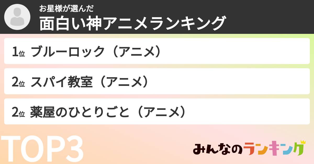 お星様さんの「面白い神アニメランキング」