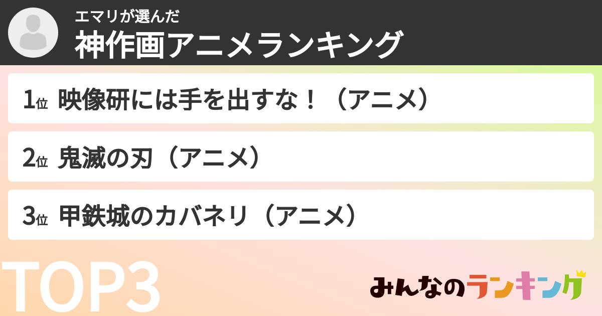 エマリさんの「神作画アニメランキング」