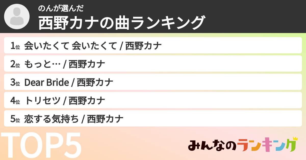 のんさんの「西野カナの曲ランキング」