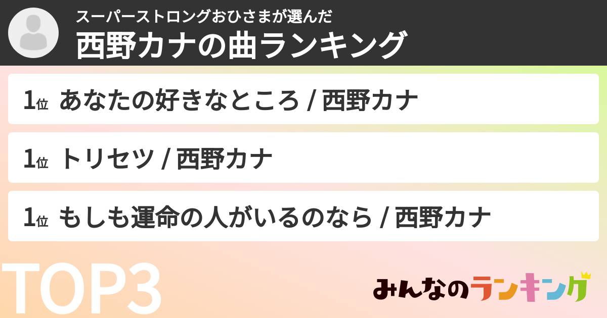 スーパーストロングおひさまさんの「西野カナの曲ランキング」