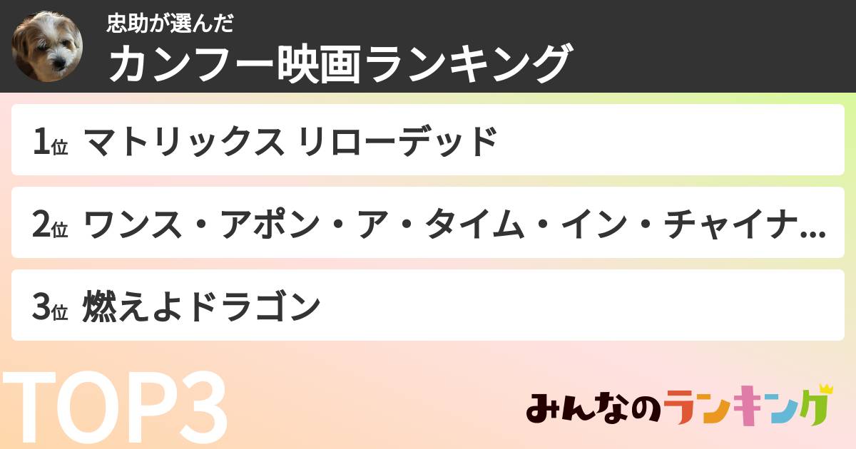 忠助さんの「カンフー映画ランキング」
