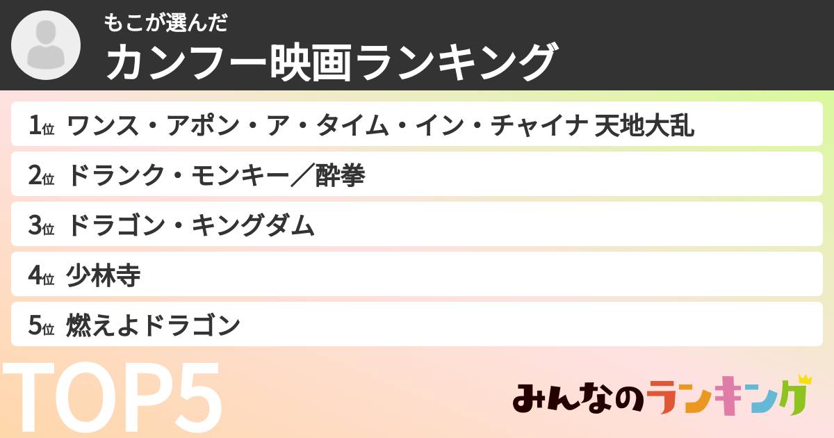 もこさんの「カンフー映画ランキング」