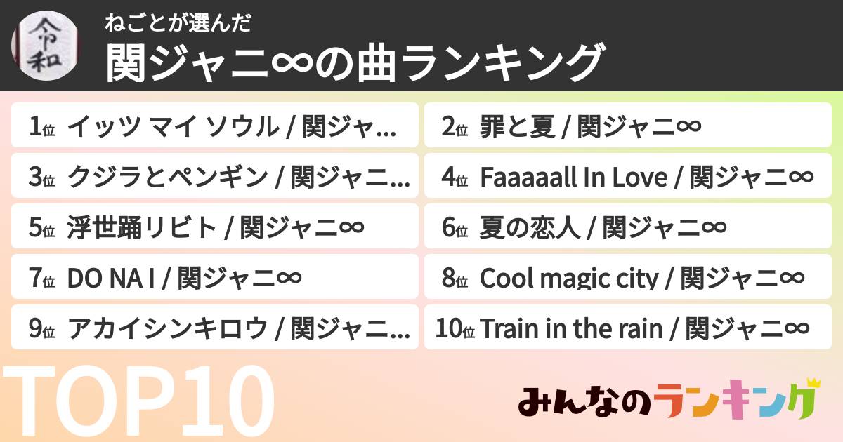 ねごとさんの「SUPER EIGHTの曲ランキング」