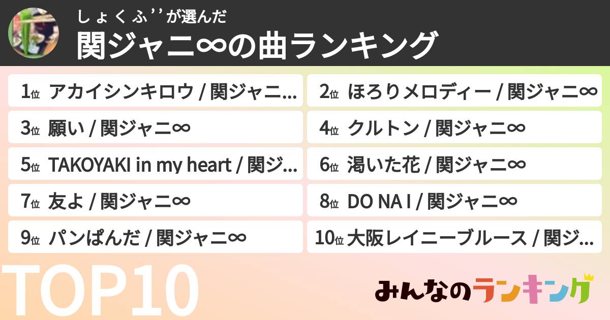し ょ く ふ ’ ’ さんの「SUPER EIGHTの曲ランキング」