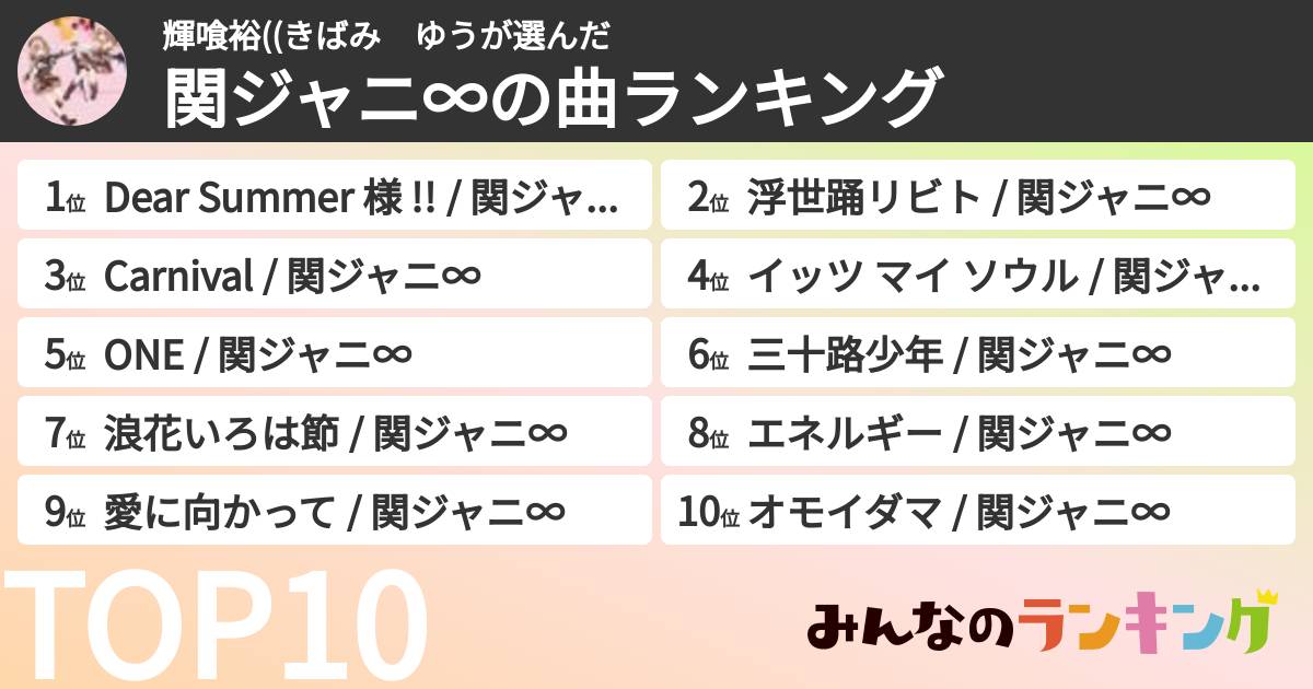輝喰裕((きばみ ゆうさんの「SUPER EIGHTの曲ランキング」