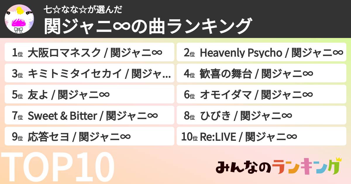 七☆なな☆さんの「SUPER EIGHTの曲ランキング」