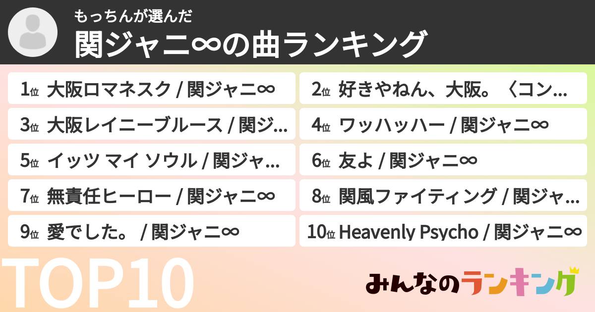 もっちんさんの「SUPER EIGHTの曲ランキング」