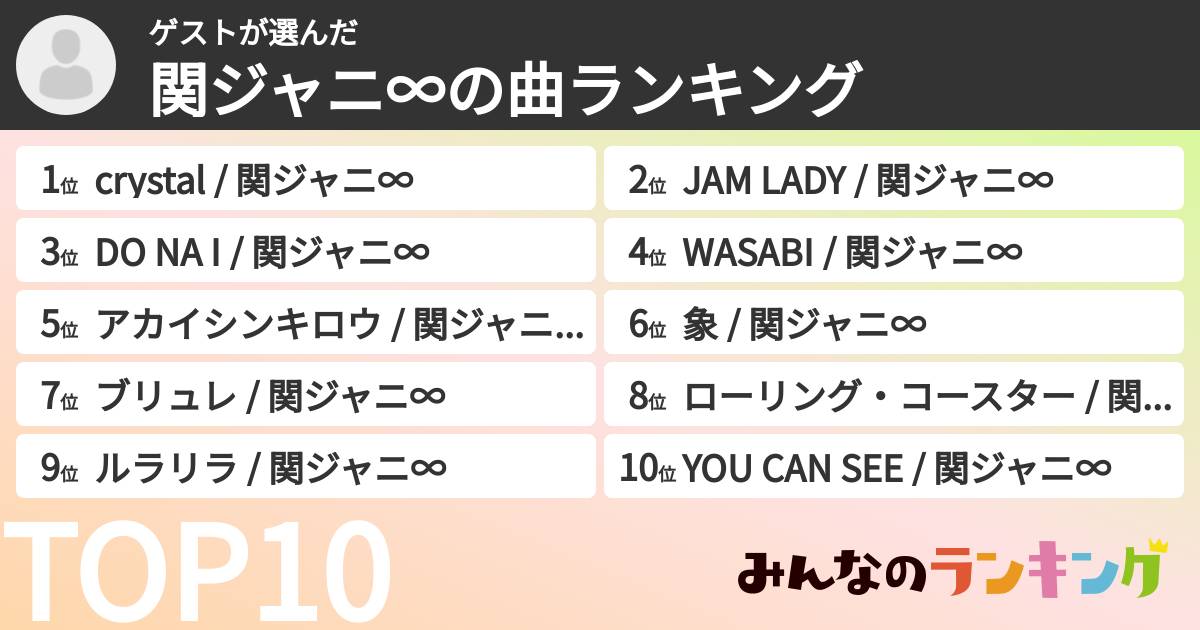 ゲストさんの「SUPER EIGHTの曲ランキング」