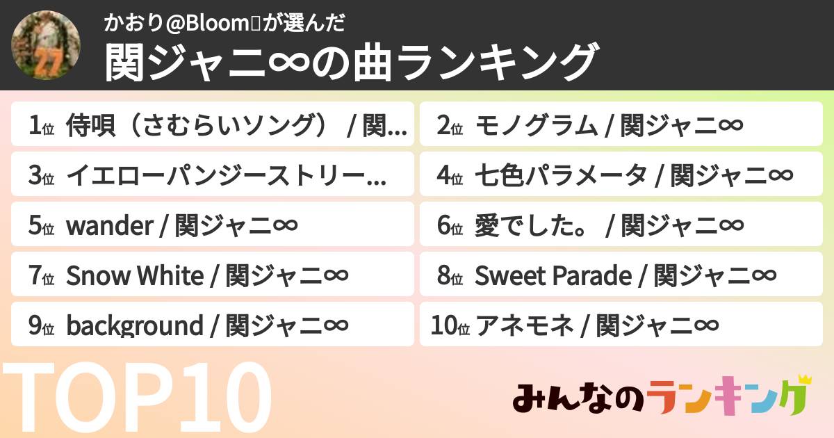 かおり@Bloom🌸さんの「SUPER EIGHTの曲ランキング」