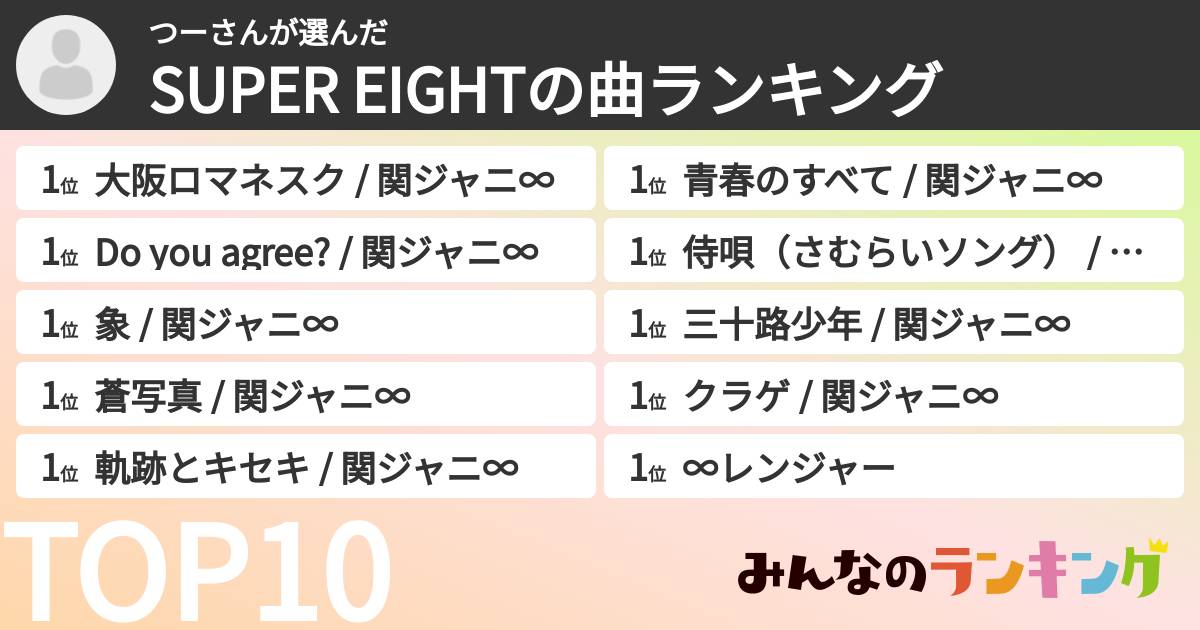 つーさんさんの「SUPER EIGHTの曲ランキング」