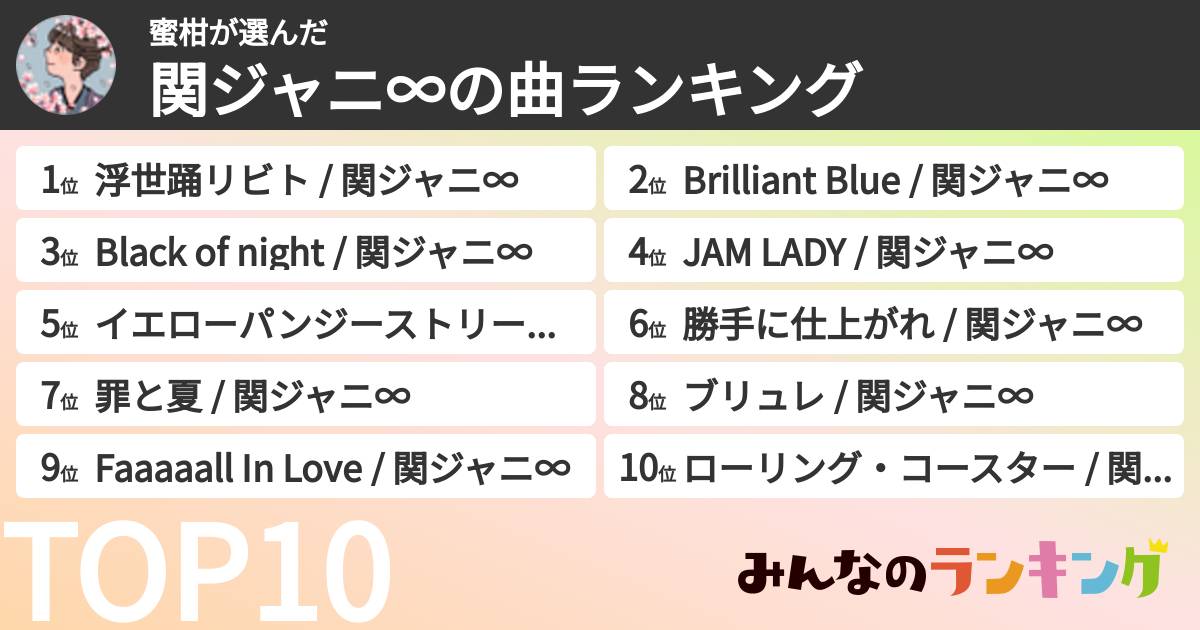 蜜柑さんの「SUPER EIGHTの曲ランキング」