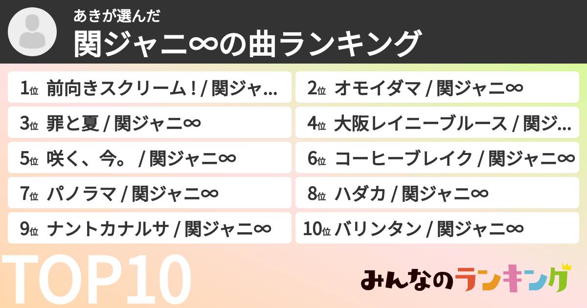 あきさんの「SUPER EIGHTの曲ランキング」