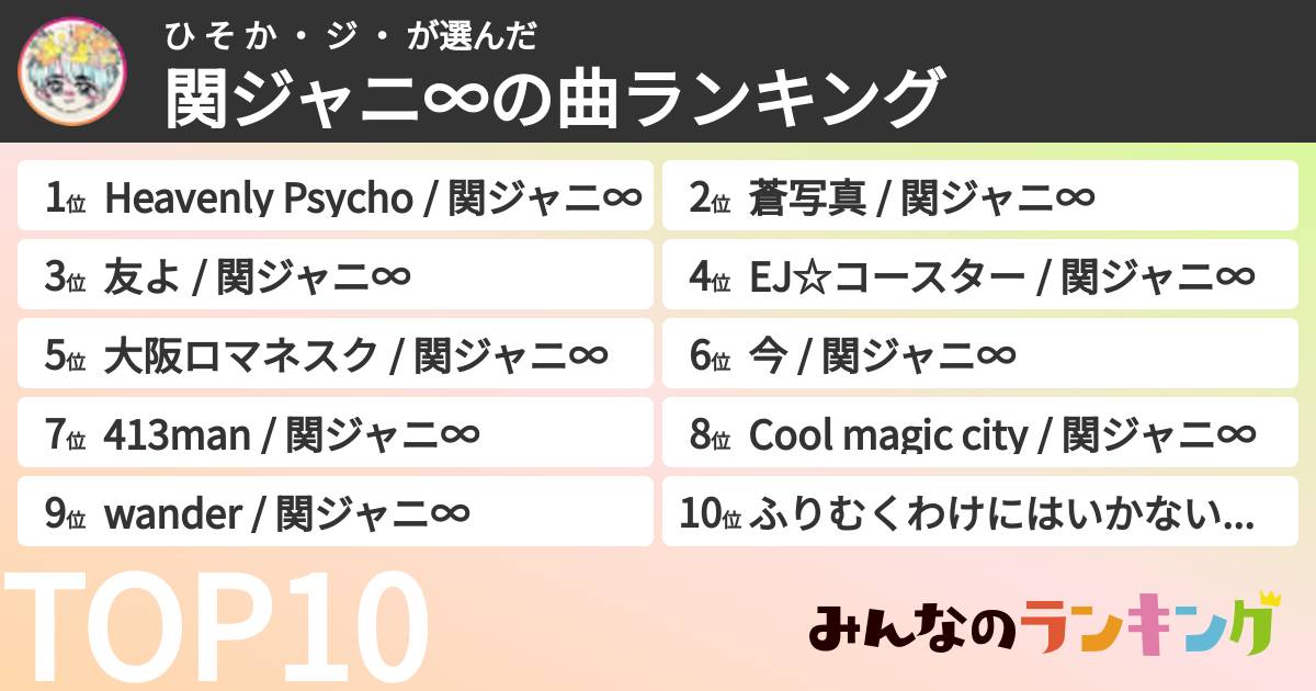 ひ そ か ・ ジ ・ さんの「SUPER EIGHTの曲ランキング」