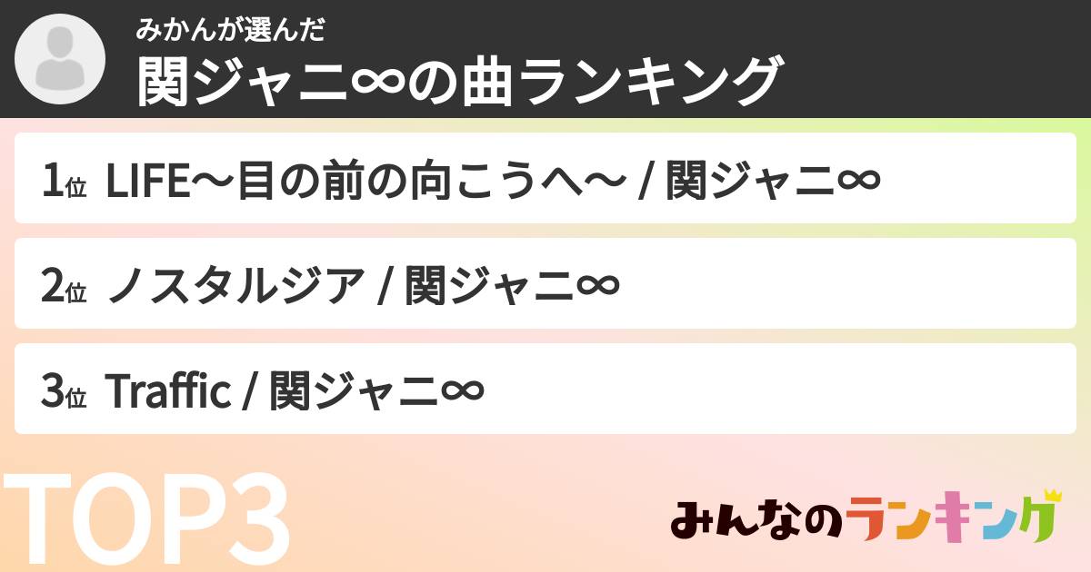みかんさんの「SUPER EIGHTの曲ランキング」