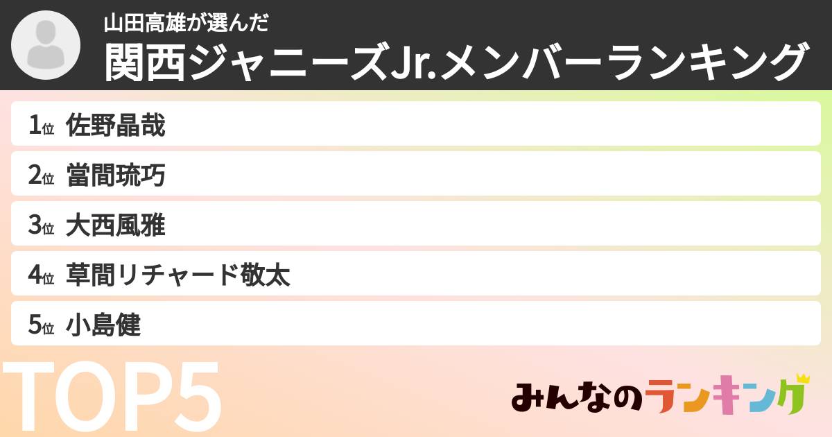 山田高雄さんの「関西ジャニーズJr.メンバーランキング」