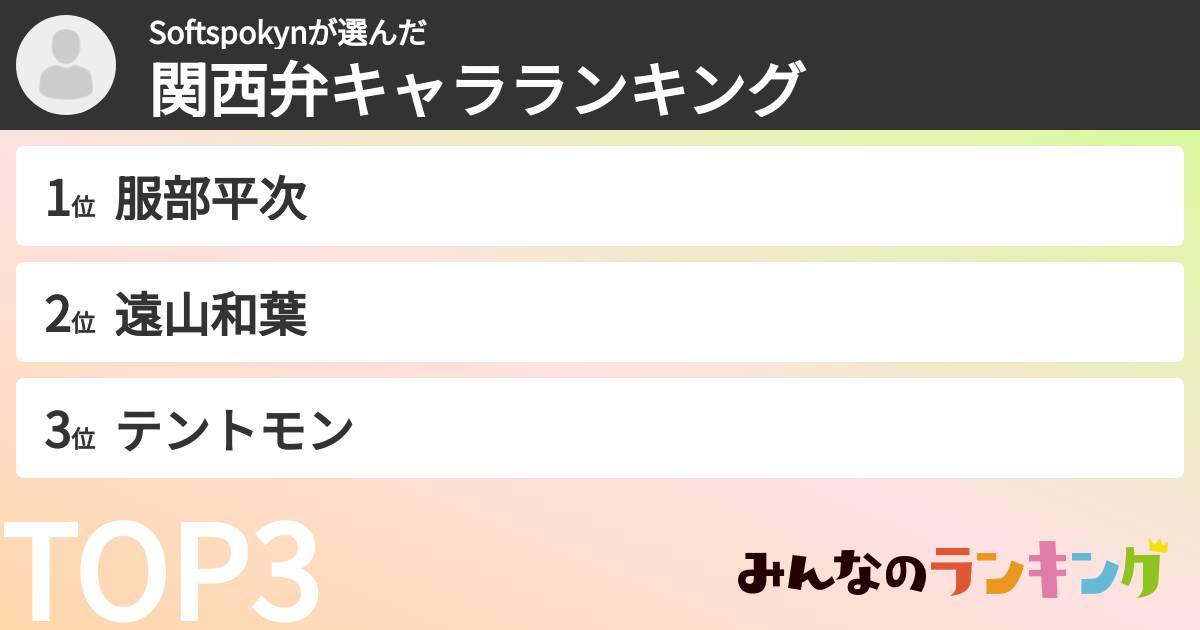 Softspokynさんの「関西弁キャラランキング」