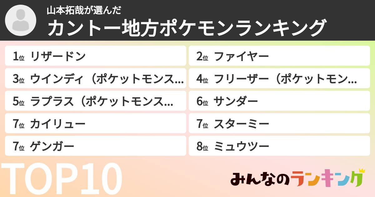 山本拓哉さんの「カントー地方ポケモンランキング」