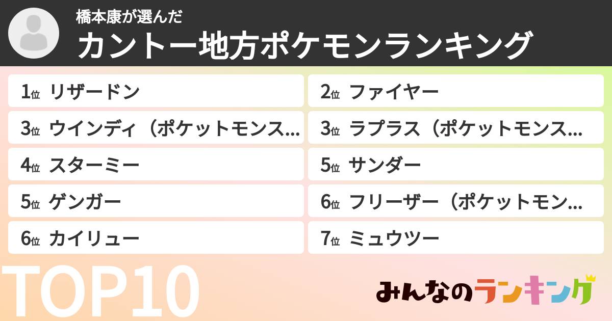 橋本康さんの「カントー地方ポケモンランキング」
