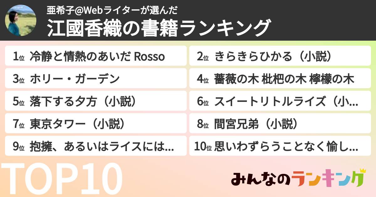 亜希子@Webライターさんの「江國香織の書籍ランキング」