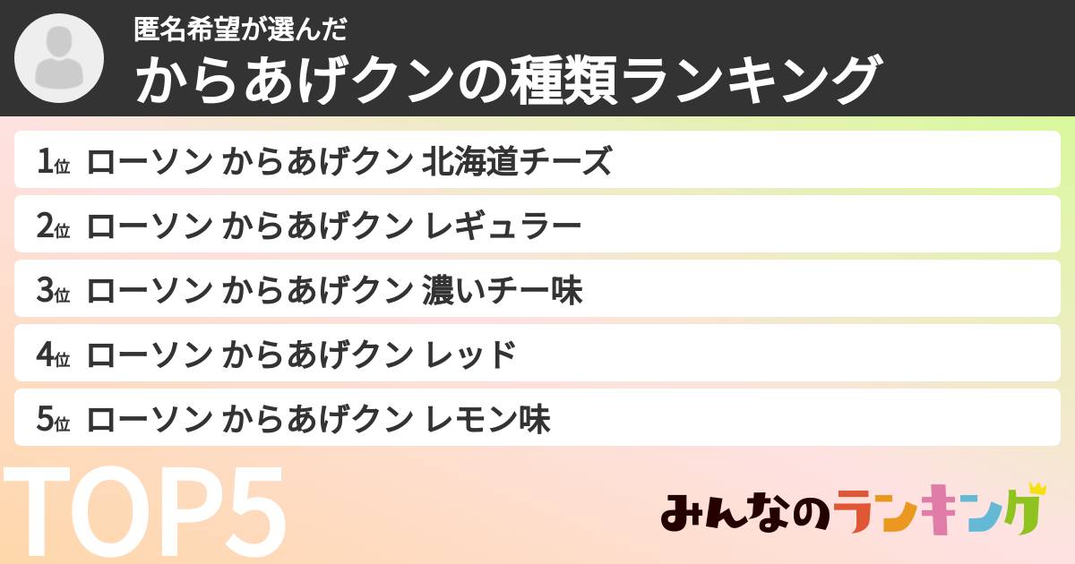 匿名希望さんの「からあげクンの種類ランキング」