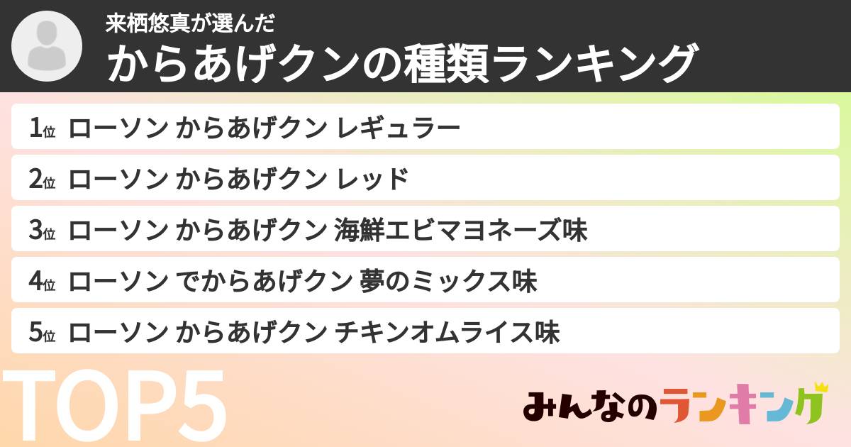 来栖悠真さんの「からあげクンの種類ランキング」