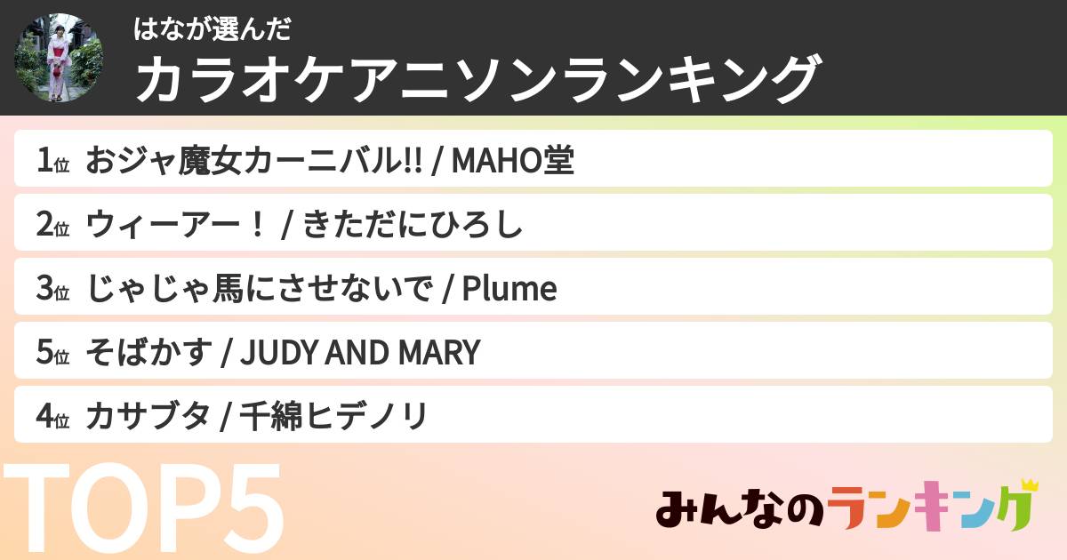 はなさんの「カラオケアニソンランキング」
