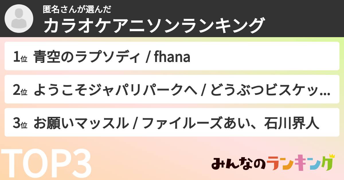 匿名さんさんの「カラオケアニソンランキング」