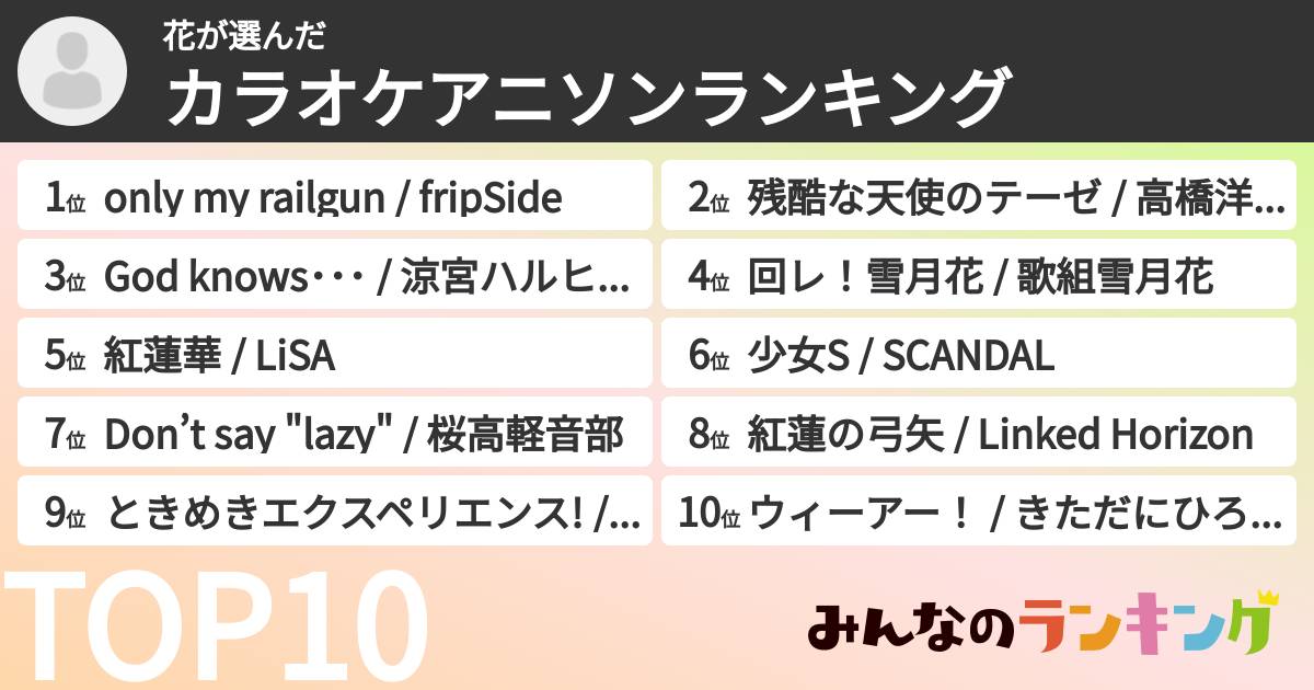 花さんの「カラオケアニソンランキング」