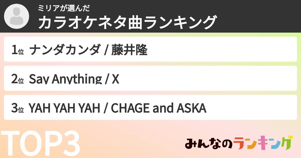 ミリアさんの「カラオケネタ曲ランキング」