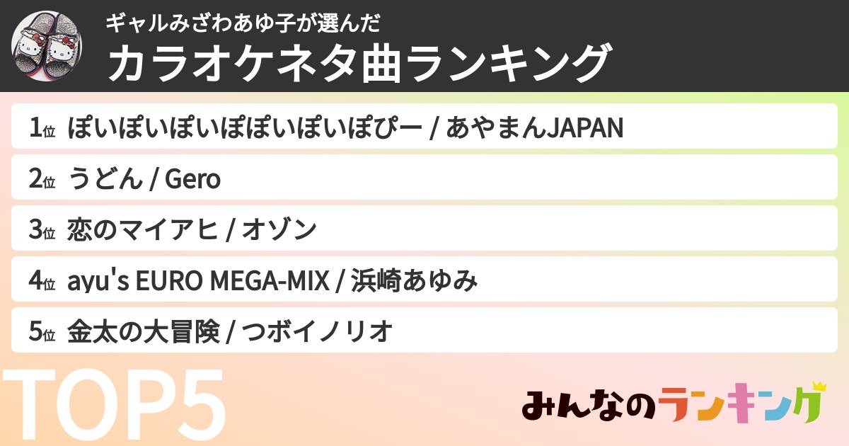 ギャルみざわあゆ子さんの「カラオケネタ曲ランキング」