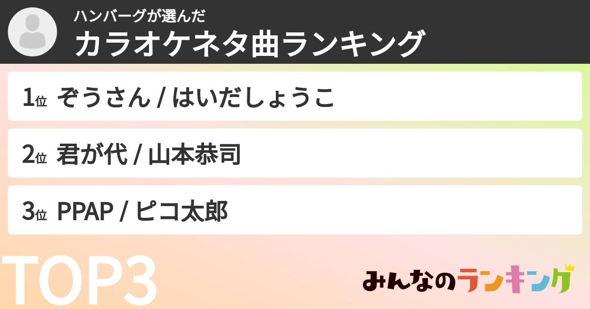 ハンバーグさんの「カラオケネタ曲ランキング」