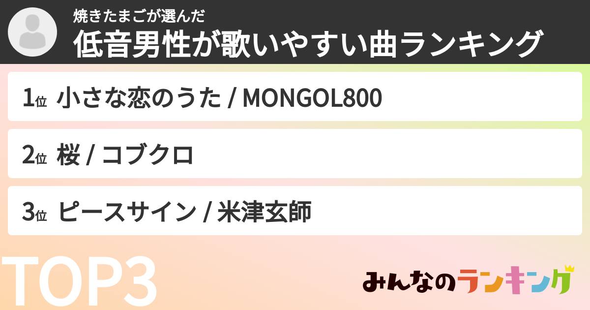 焼きたまごさんの「低音男性が歌いやすい曲ランキング」
