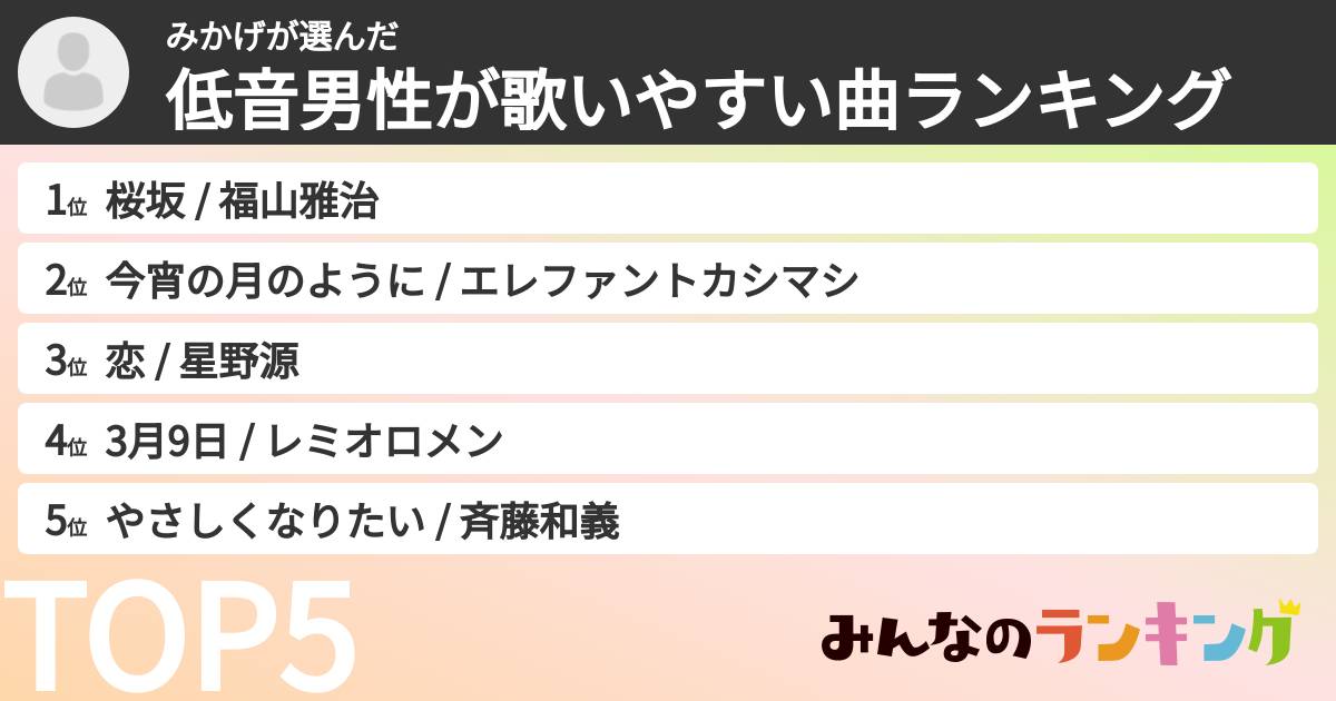 みかげさんの「低音男性が歌いやすい曲ランキング」