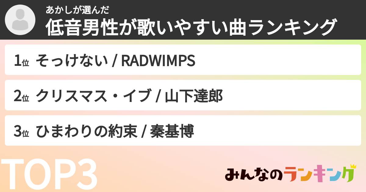 あかしさんの「低音男性が歌いやすい曲ランキング」