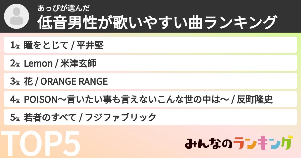 あっぴさんの「低音男性が歌いやすい曲ランキング」