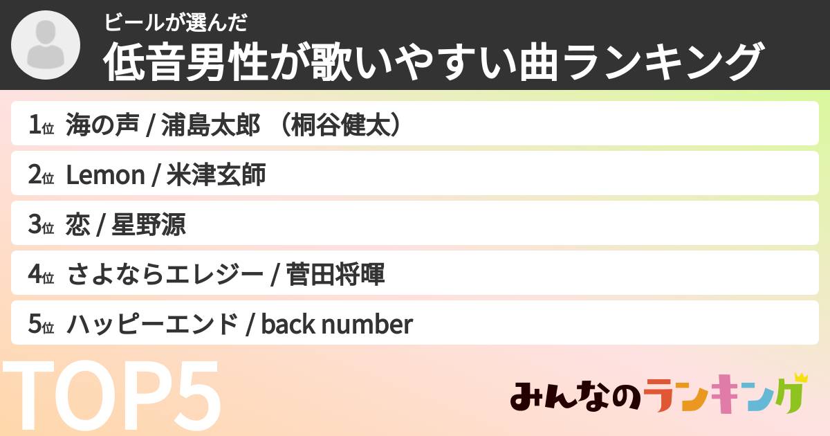ビールさんの「低音男性が歌いやすい曲ランキング」