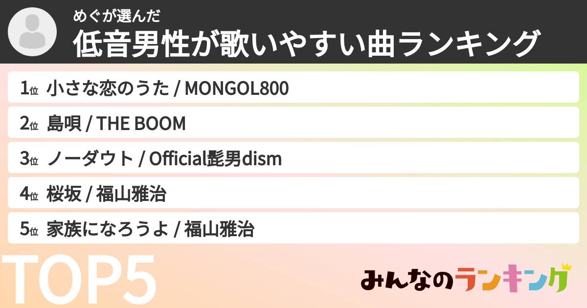めぐさんの「低音男性が歌いやすい曲ランキング」