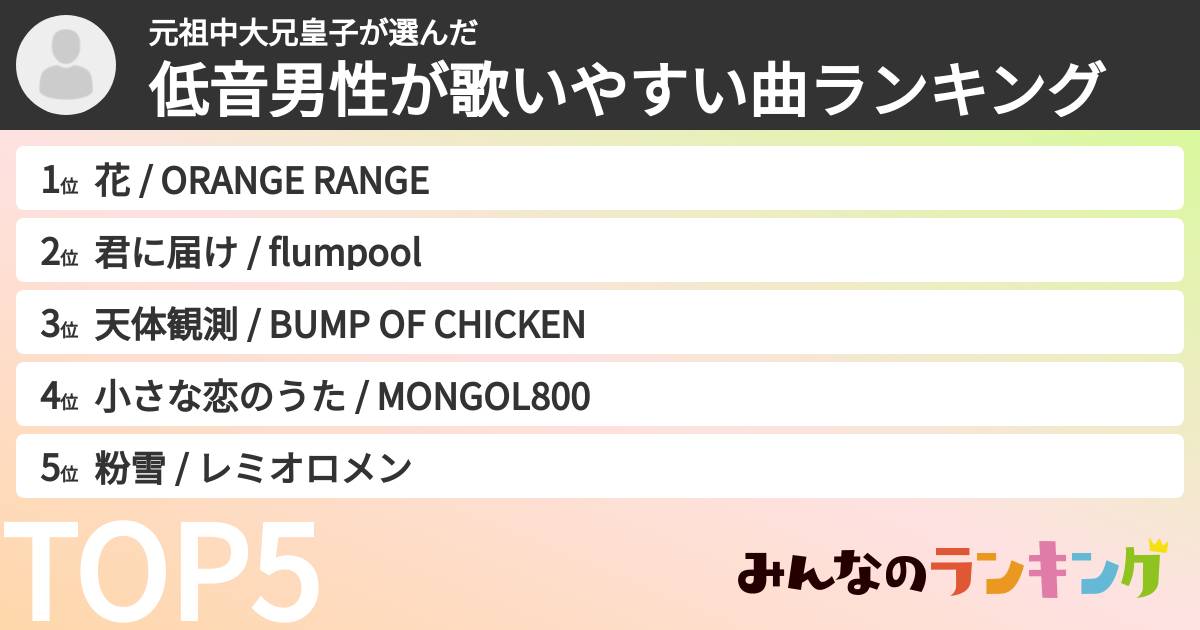 元祖中大兄皇子さんの「低音男性が歌いやすい曲ランキング」
