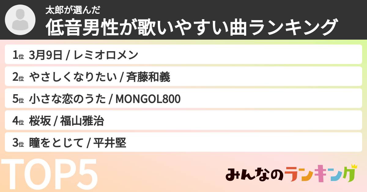 太郎さんの「低音男性が歌いやすい曲ランキング」